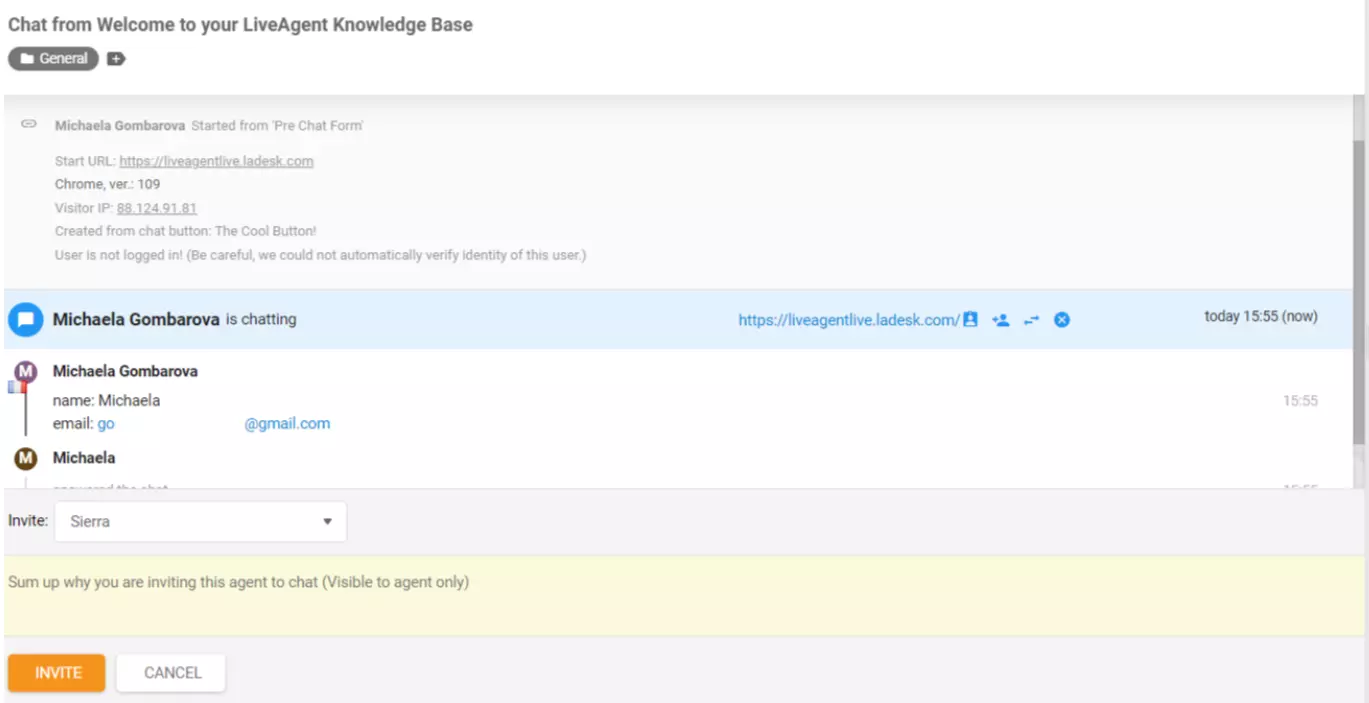 LiveAgent ügynök meghívva a csevegéshez