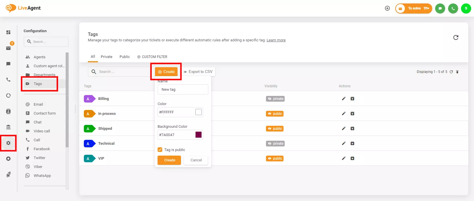 A kép azt mutatja, hol lehet megtalálni és létrehozni a címkéket a LiveAgent-ben