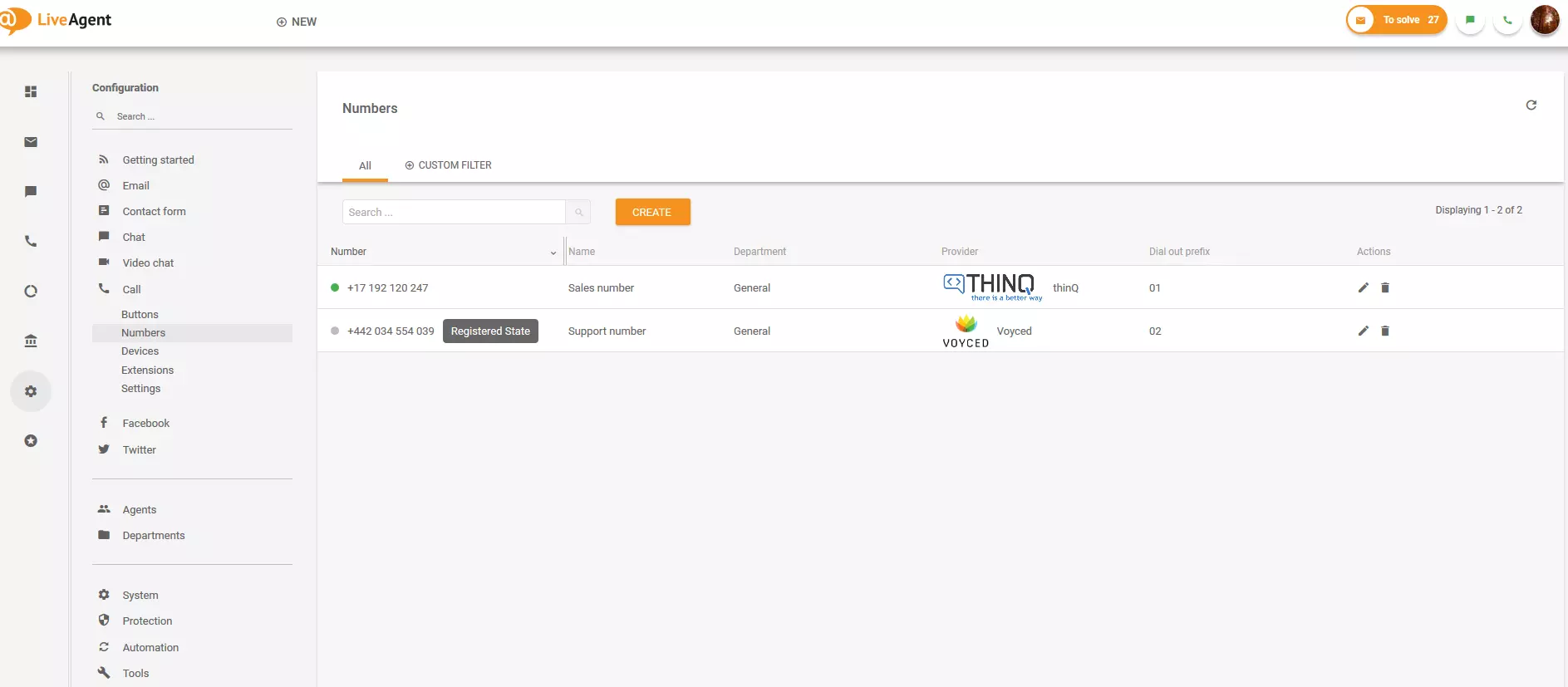 Számok szakasz a LiveAgent-ben