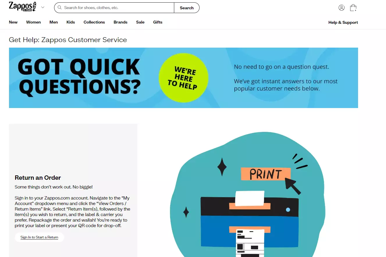 Zappos támogatási oldala, amely a támogatási lehetőségeket mutatja