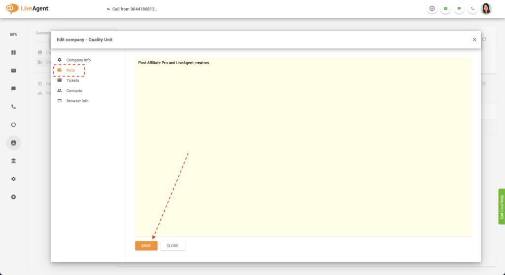Vállalat jegyzete a LiveAgent-ben