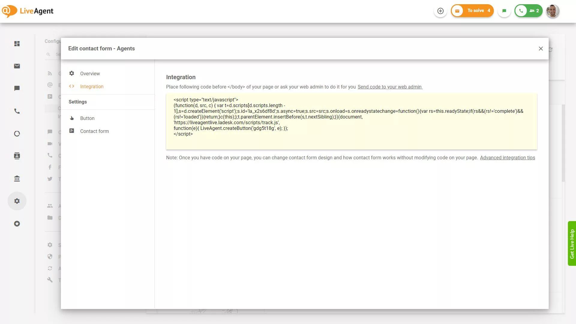 LiveAgent Kapcsolatfelvételi Űrlap Integrációs Kód