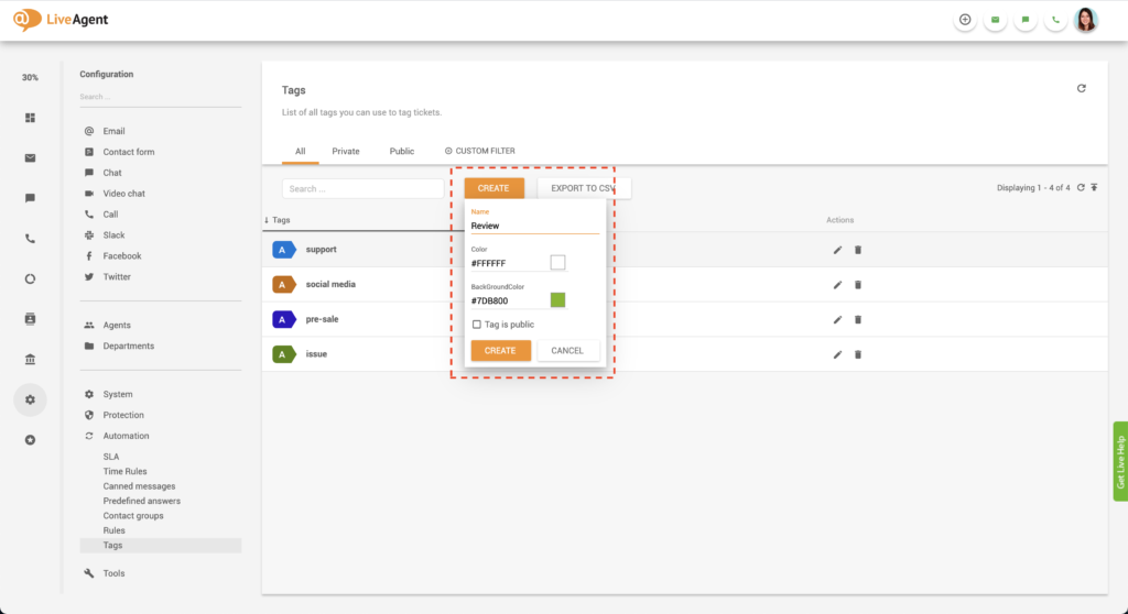 LiveAgent címke létrehozása funkció