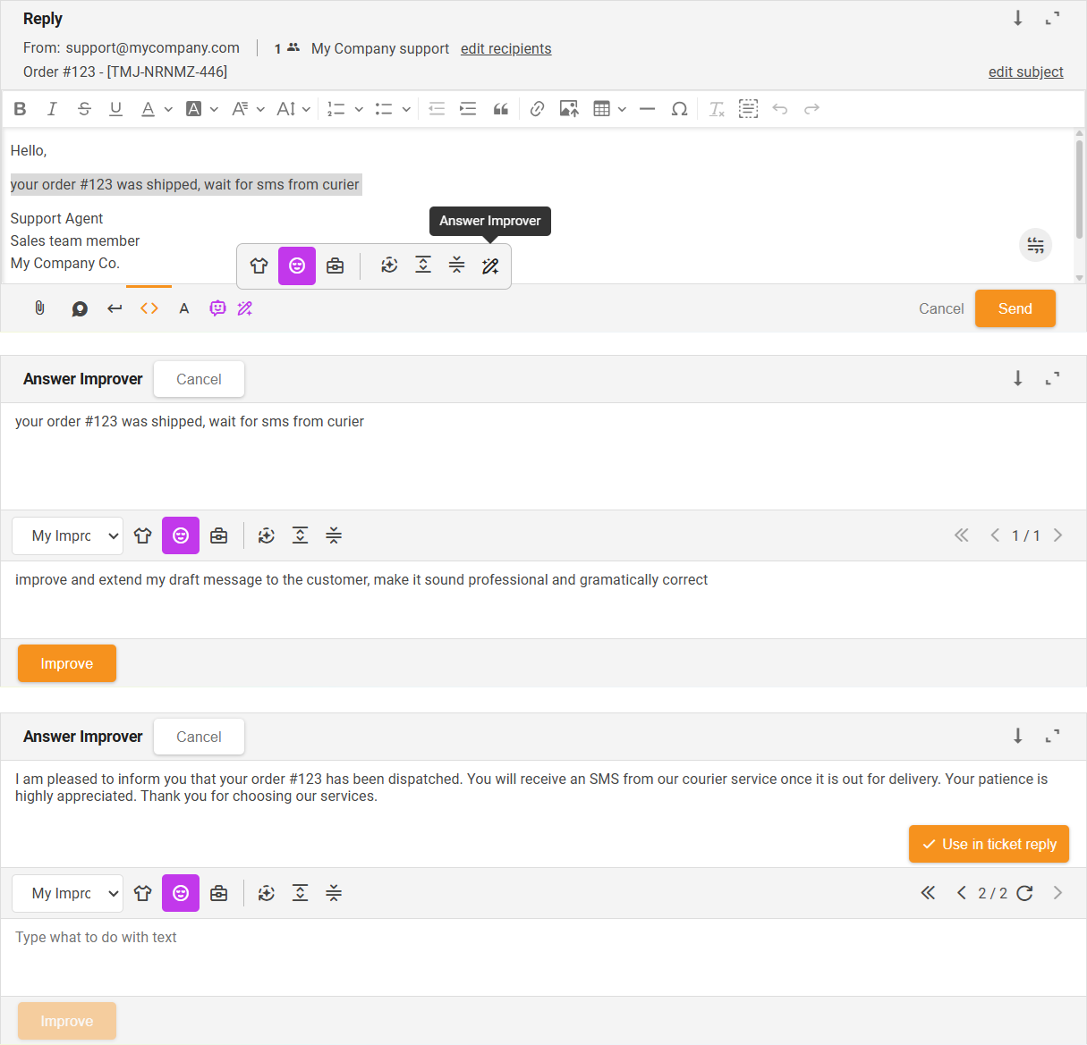 Answer Improver (egyéni utasítások) funkció üzenet finomítása