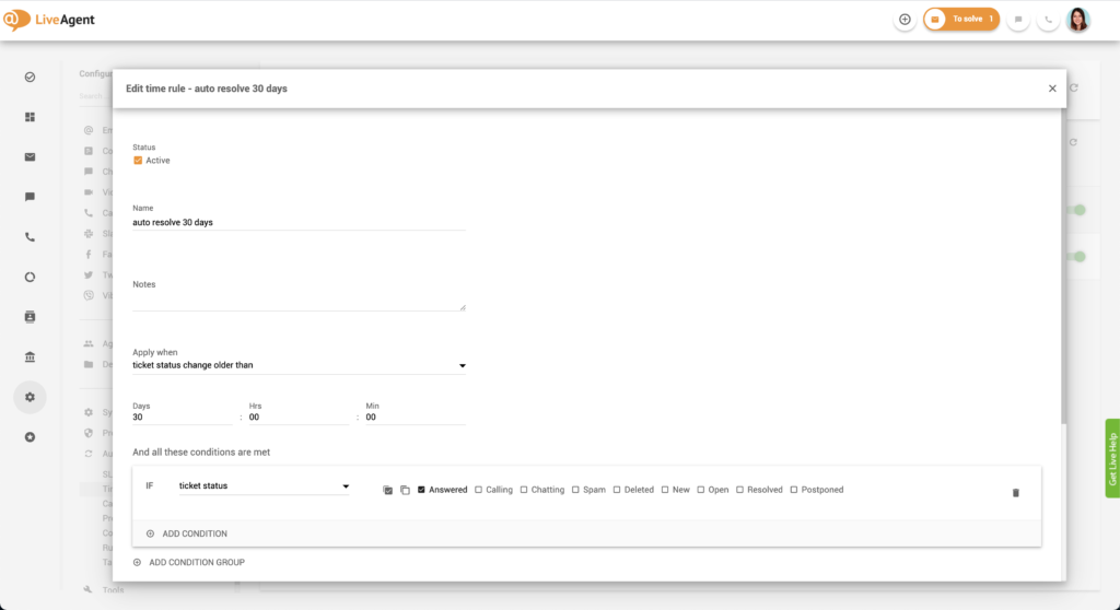 Időszabály szerkesztése a LiveAgentben