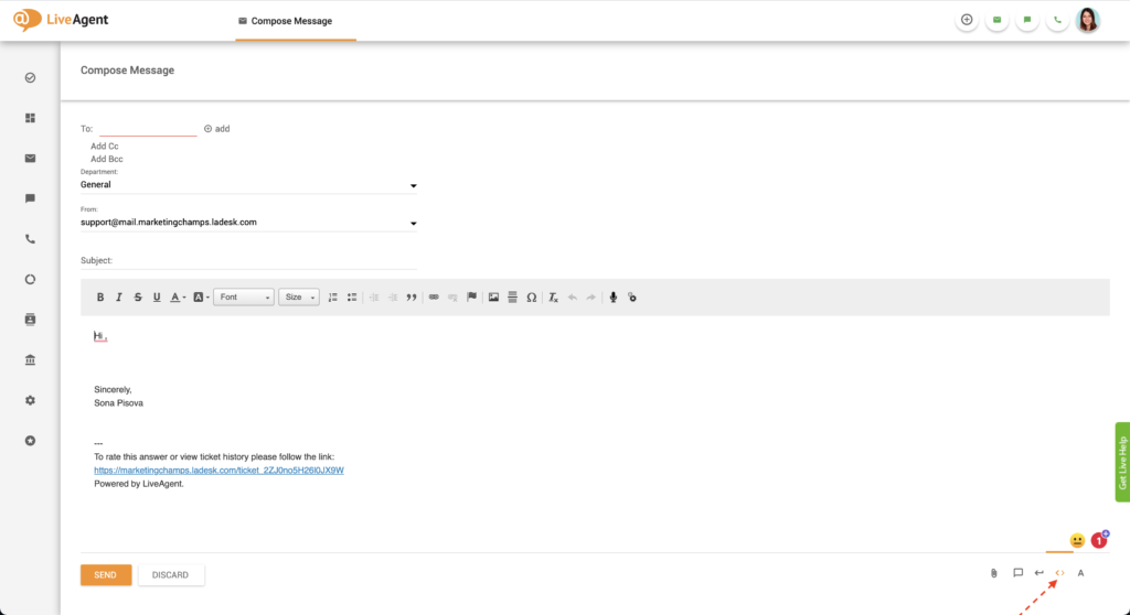 HTML szerkesztő gomb a LiveAgentben