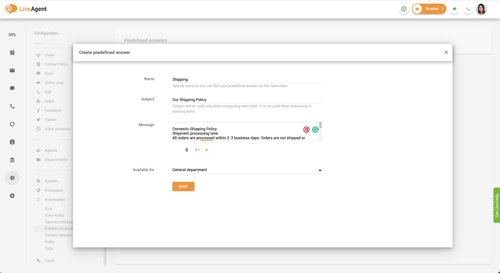 Előre meghatározott válaszok beállítása a LiveAgent-ben