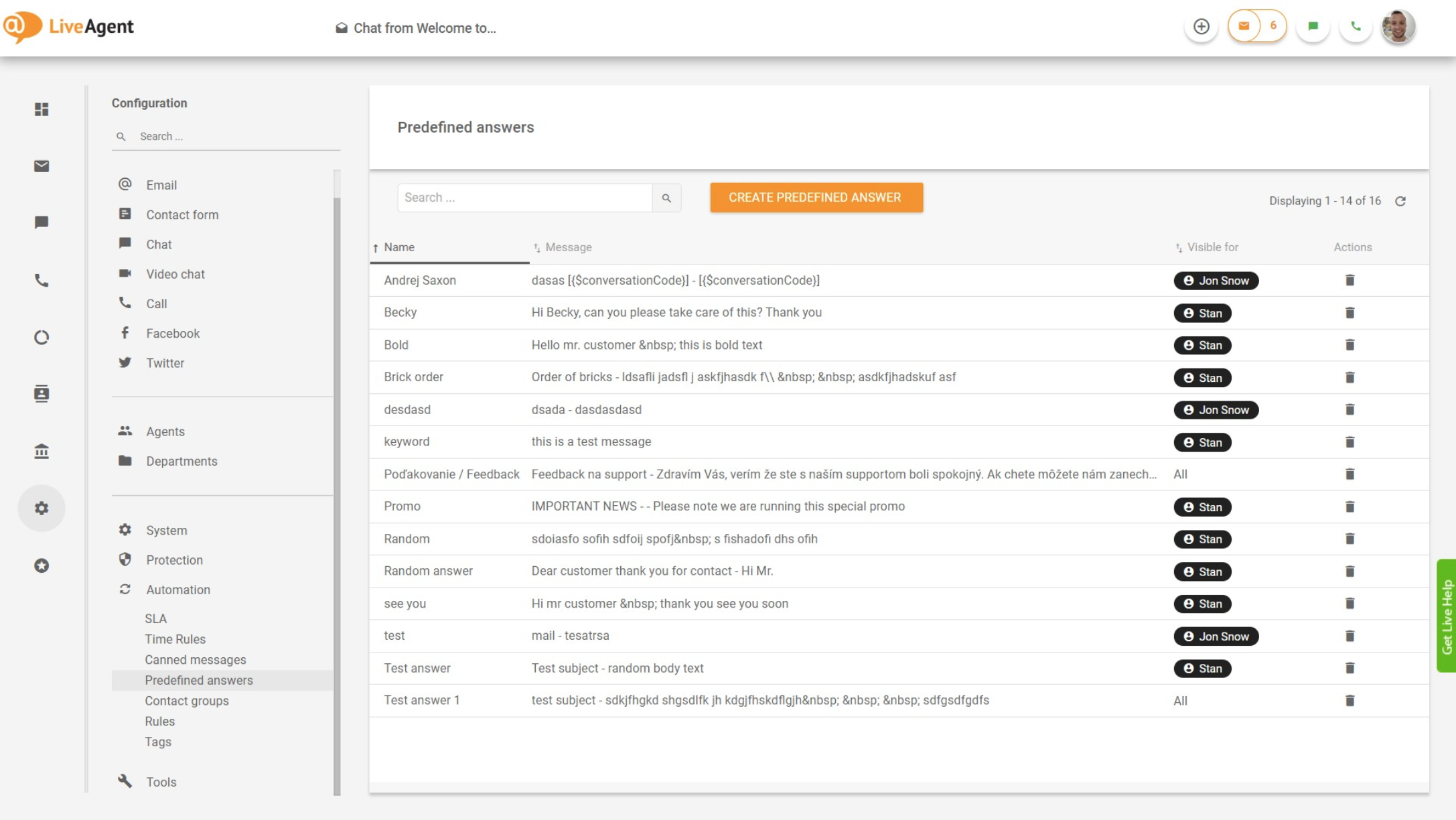 LiveAgent – Előre meghatározott válaszok áttekintése
