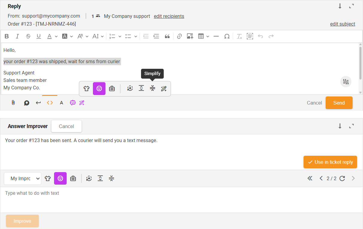 Egyszerűsítés funkció AI Válasz Javító - felület áttekintése