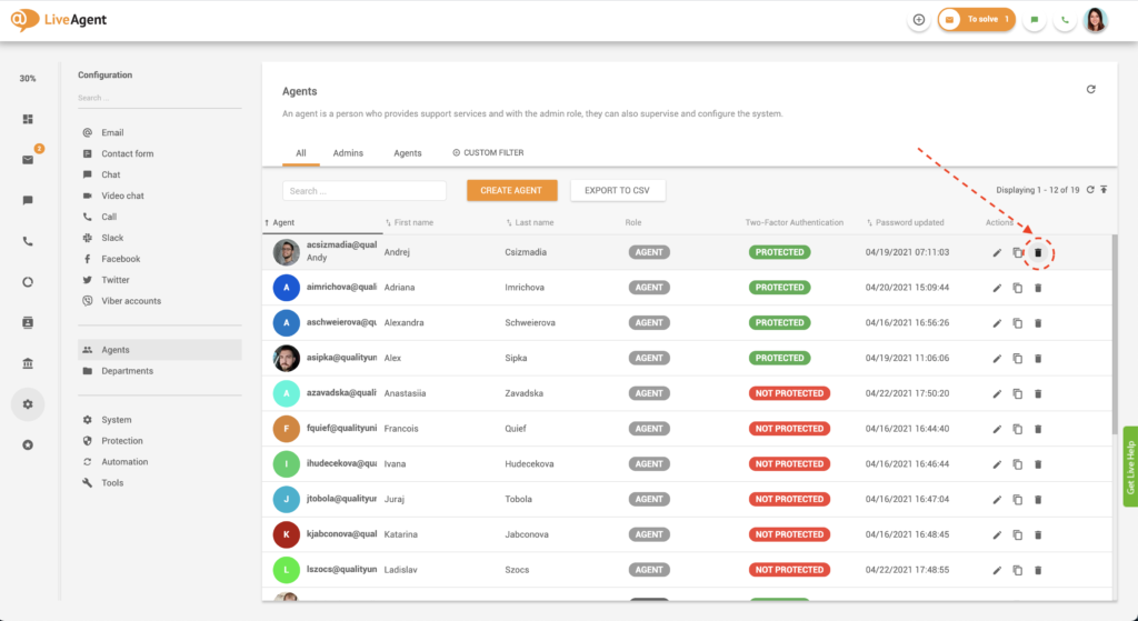 Ügynök törlése gomb