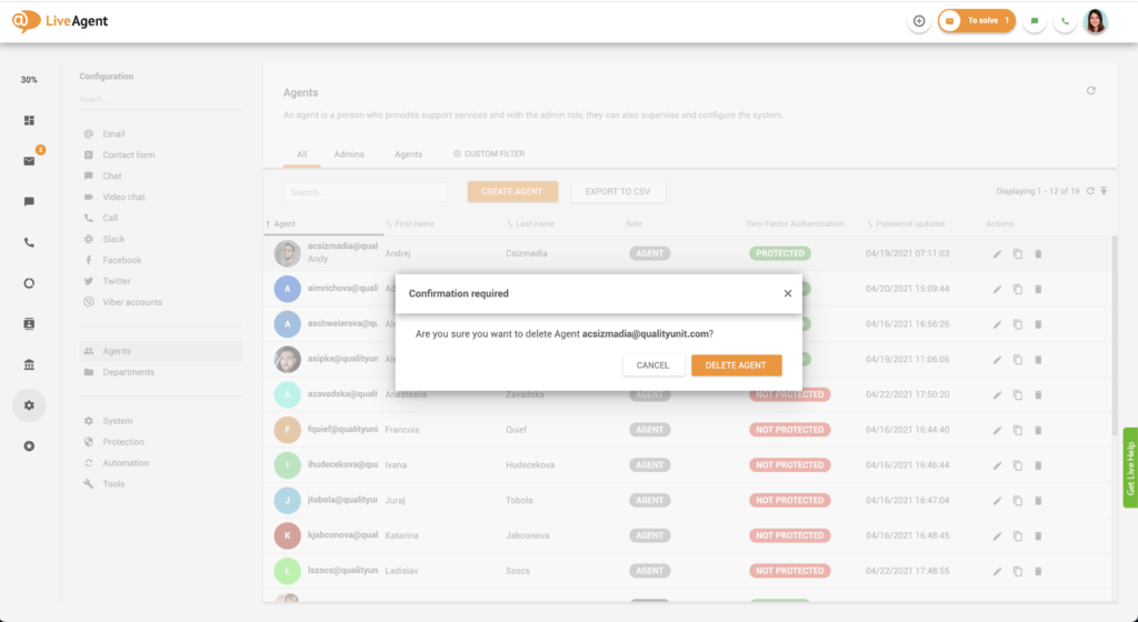 Ügynök törlésének megerősítése