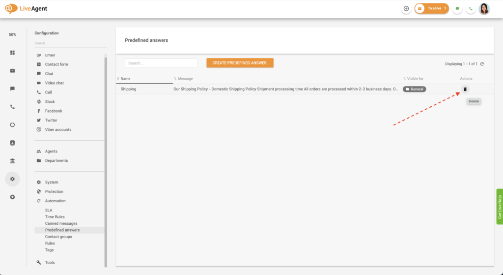 Előre meghatározott válasz törlése a LiveAgent-ben