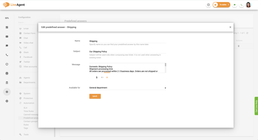Előre meghatározott válaszok szerkesztése a LiveAgent-ben