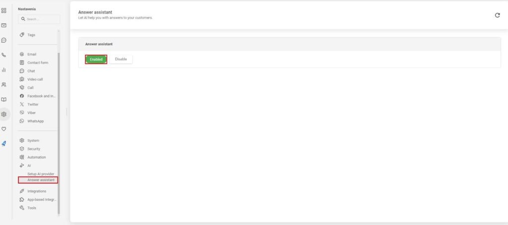 Az answer assistant engedélyezésének módját bemutató kép a LiveAgent-ben