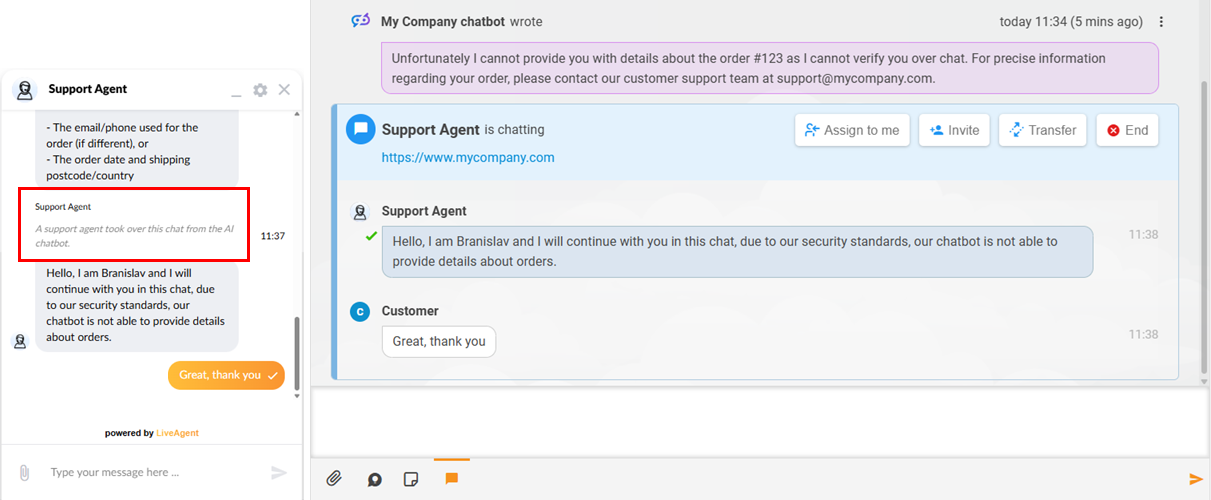 LiveAgent AI Humán Átadás Előnézet
