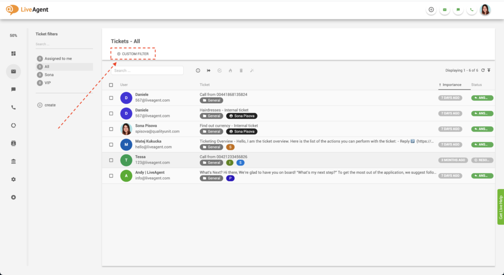 LiveAgent egyéni szűrő