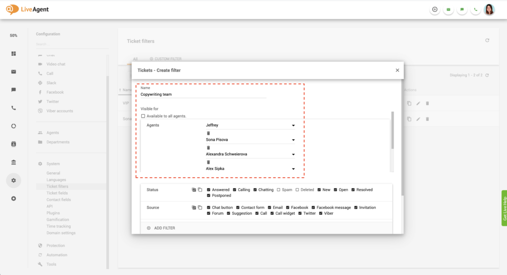 LiveAgent globális szűrő