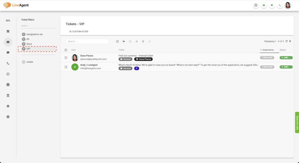 LiveAgent VIP jegykezelési szűrő