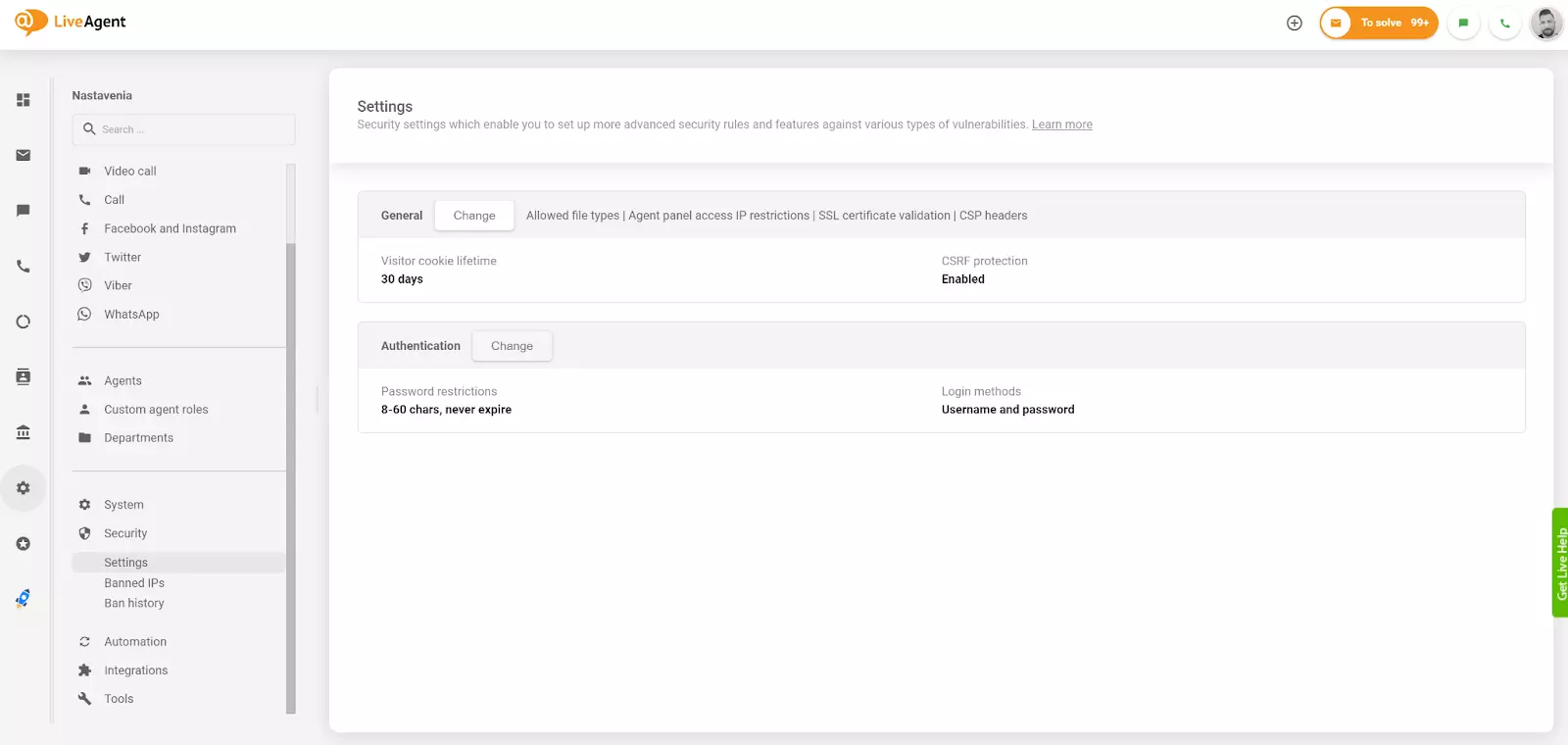 Hitelesítési beállítás módosítása a LiveAgent-ben