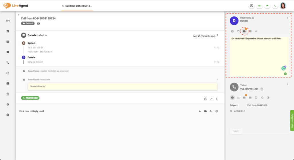 Liveagent ügyfél jegyzete