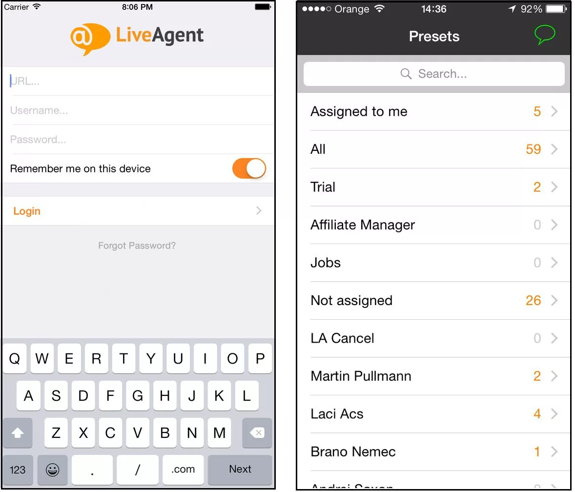 LiveAgent iOS alkalmazás felülete