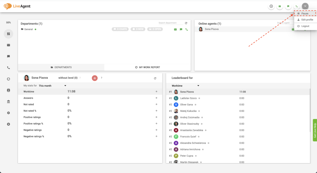 LiveAgent - szünet gomb