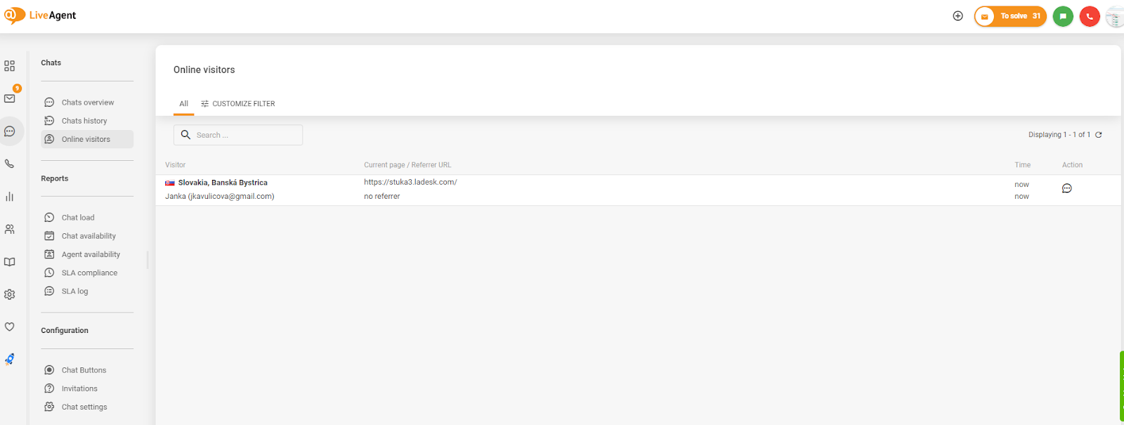 A weboldal-látogató nyomon követés képernyőképe a LiveAgent-ben