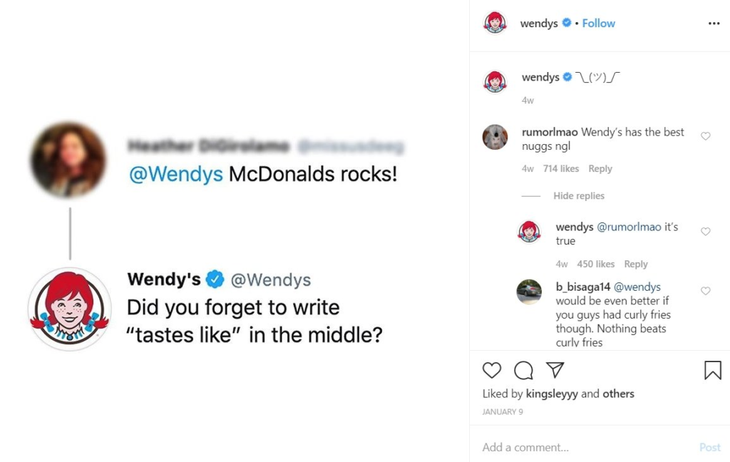 Wendy's erős Instagram jelenlét