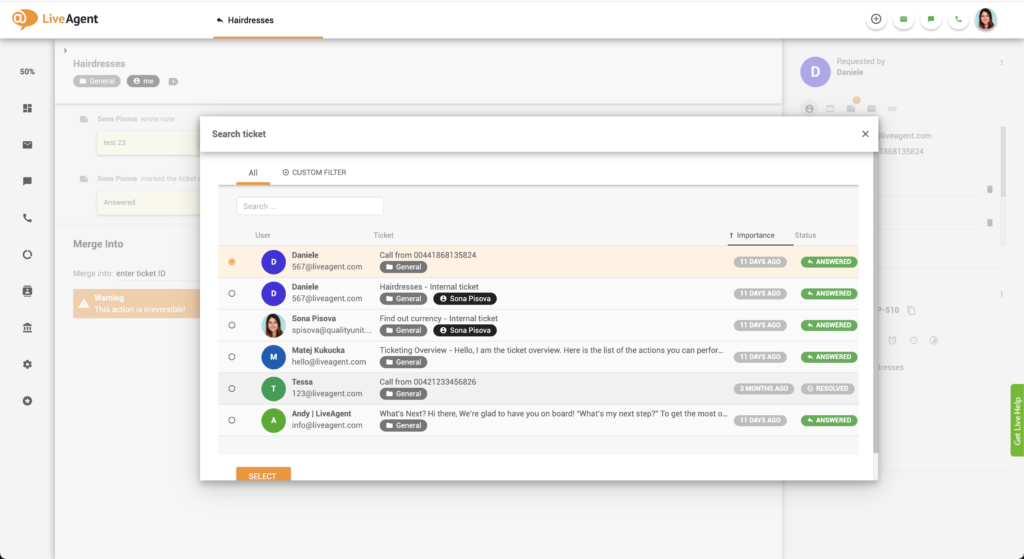 Jegy kiválasztása egyesítéshez