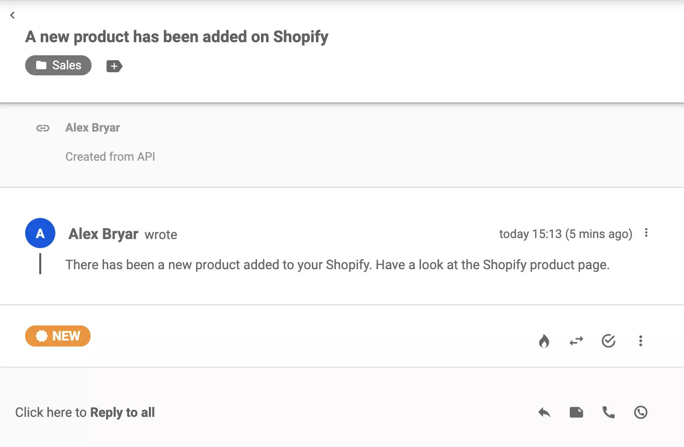 Egy új jegy, amely a Shopify-ból érkezett egy termék létrehozása után