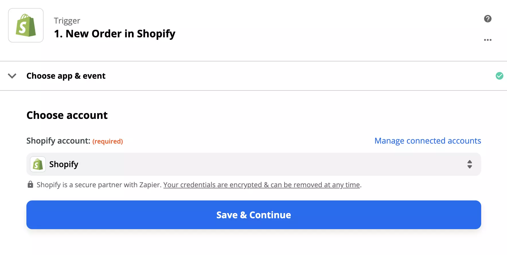 Shopify trigger konfigurációja a Zapier-en