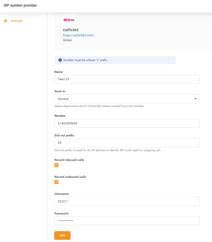 CallTo365 hitelesítési adatok megadása