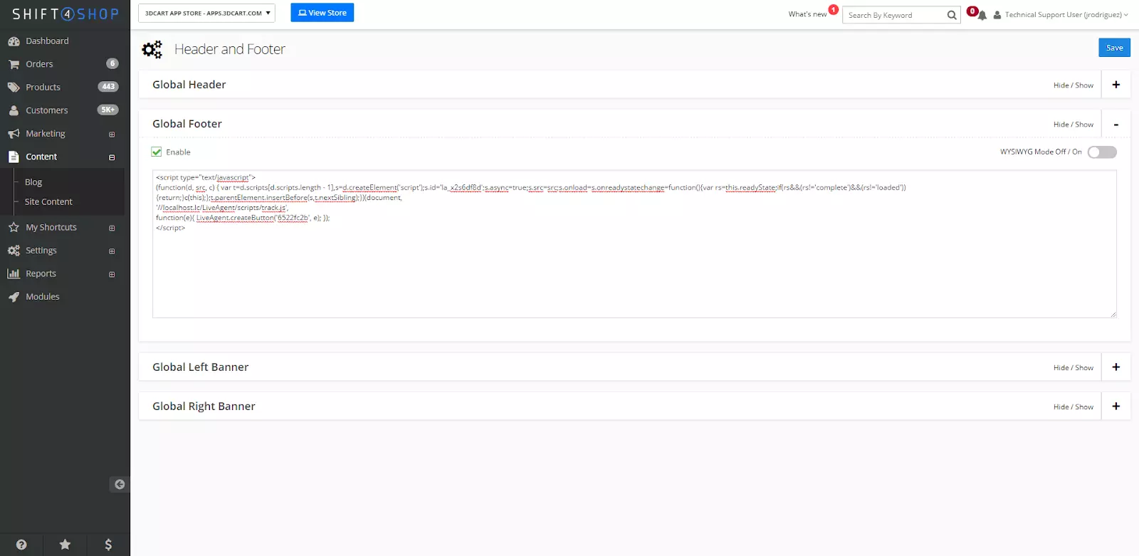 Shift4Shop beállítások kód testreszabási lehetőséggel