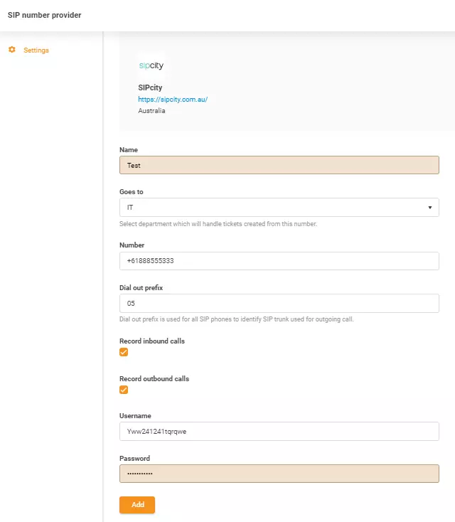 SIPcity hitelesítési adatok