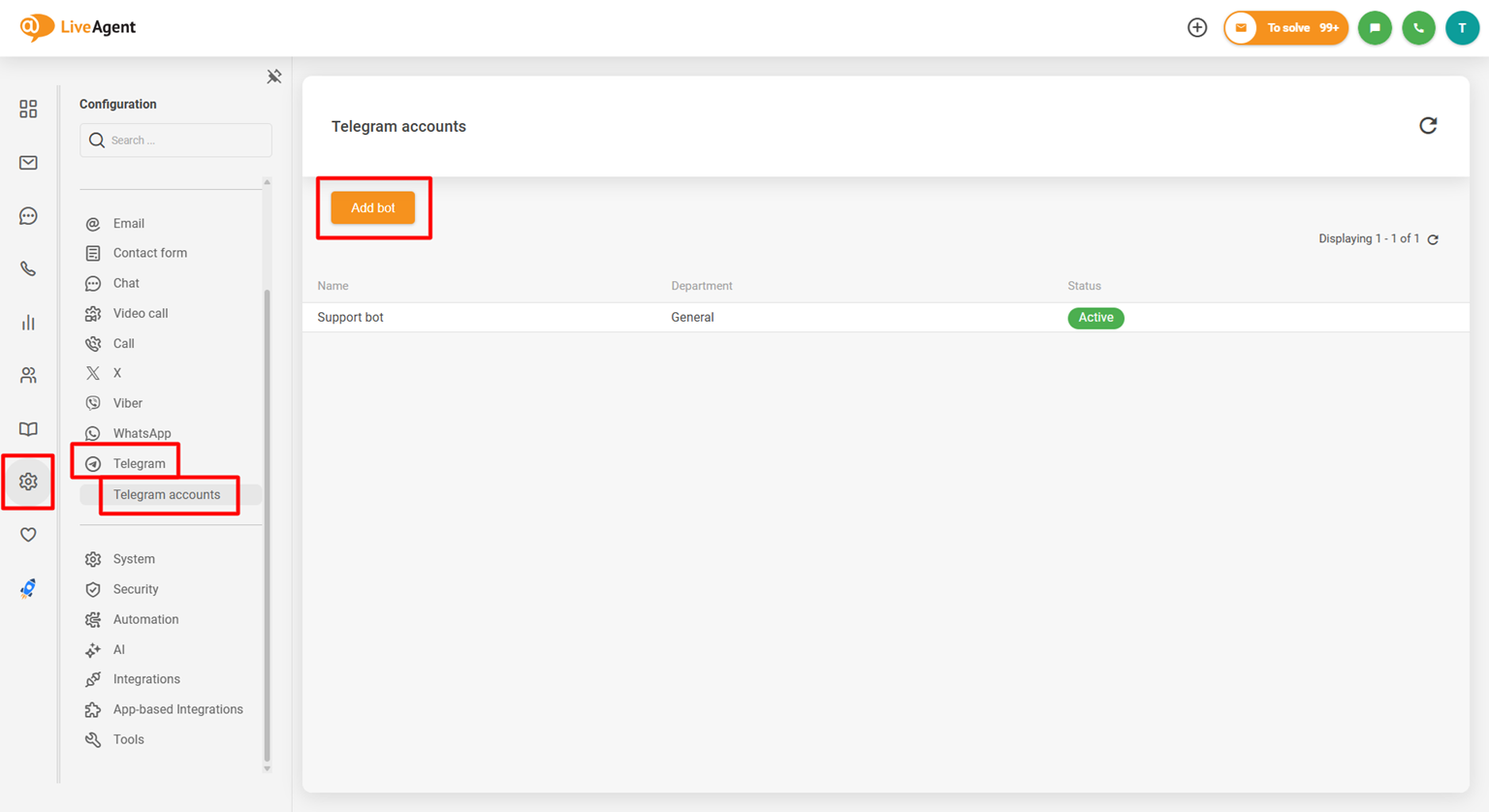 Képernyőkép a LiveAgent Telegram integráció konfigurációs paneljéről az Add bot gombbal