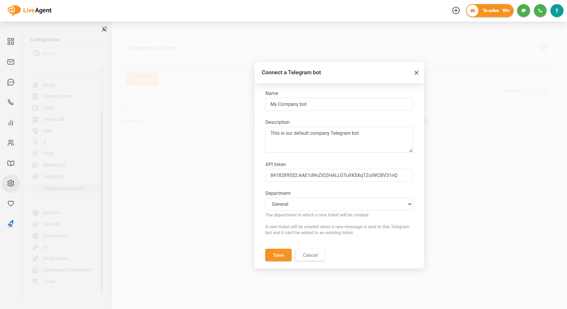 Képernyőkép a LiveAgent Telegram integrációról, hogyan kell csatlakoztatni a botot