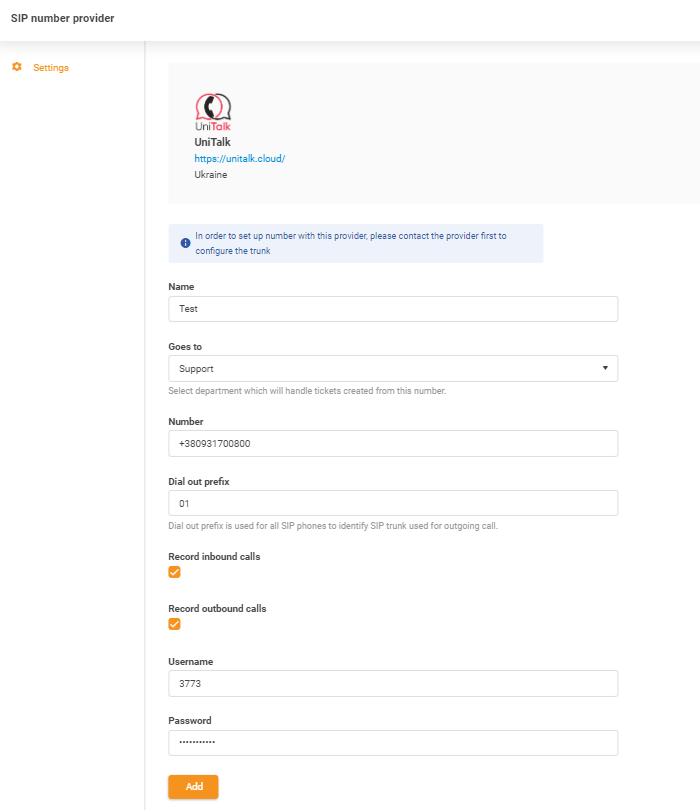 UniTalk hitelesítési adatok