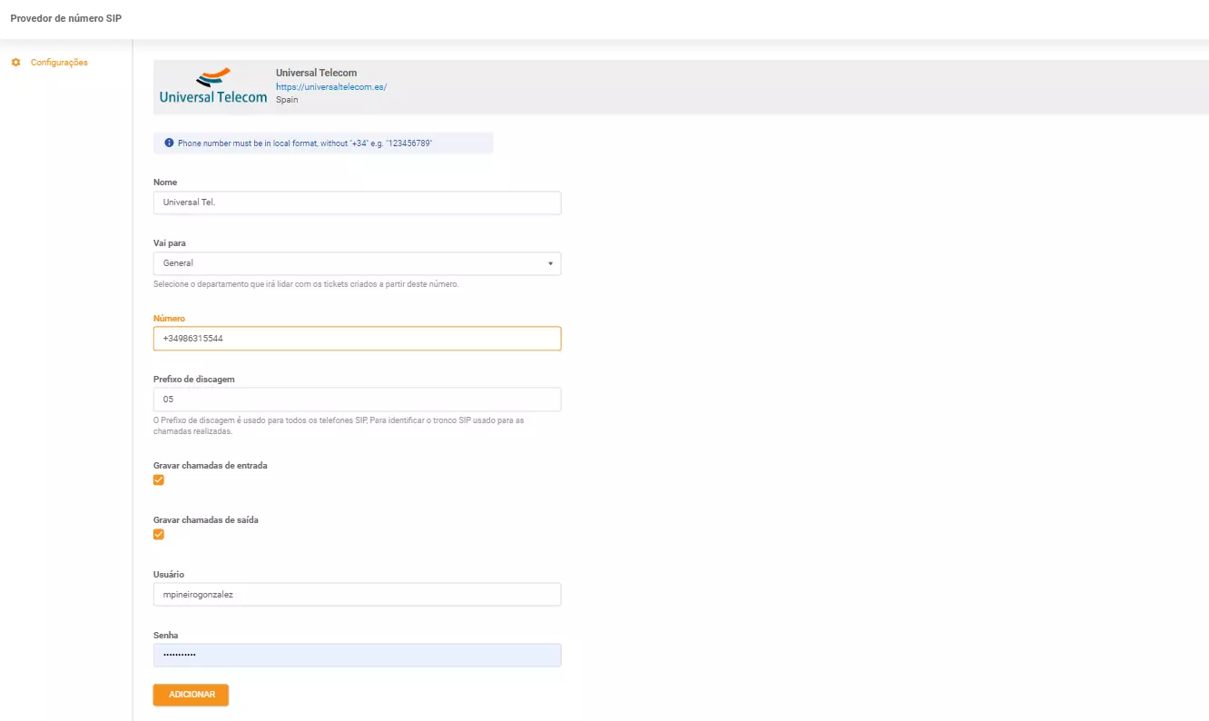 Universal Telecom hitelesítő adatok