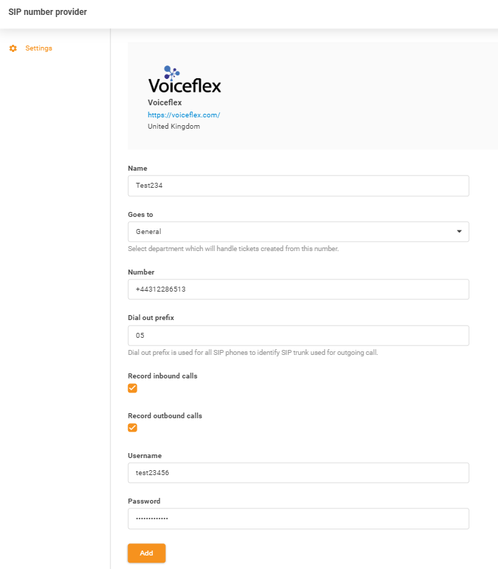 Voiceflex hitelesítési adatok bevitele
