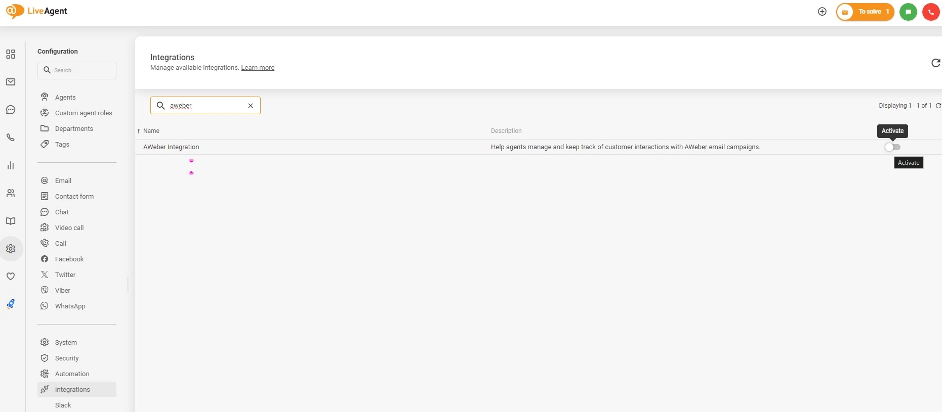AWeber integráció aktiválása a LiveAgent-ben