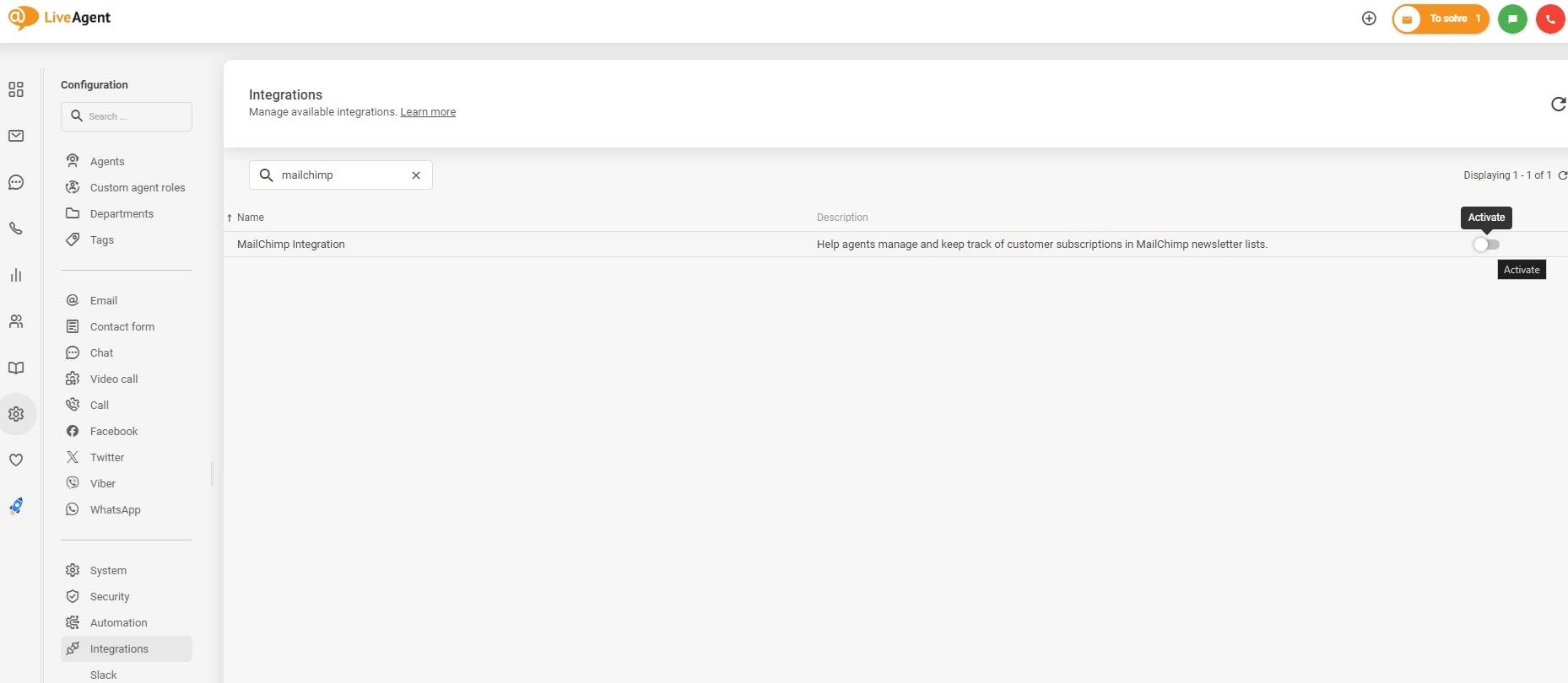 Mailchimp integráció aktiválása a LiveAgent-ben
