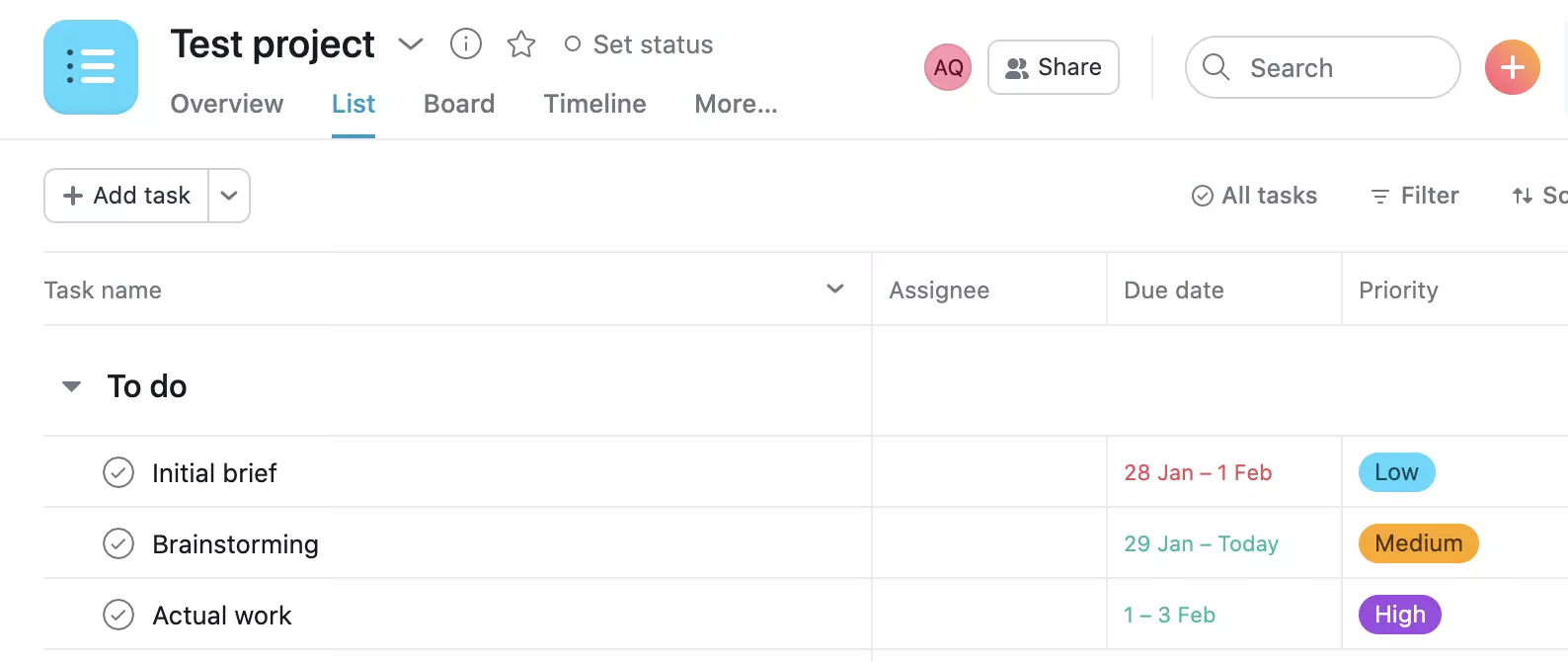 Asana projekt példa