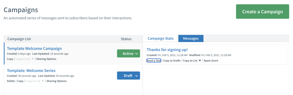 AWeber kampányok előnézete