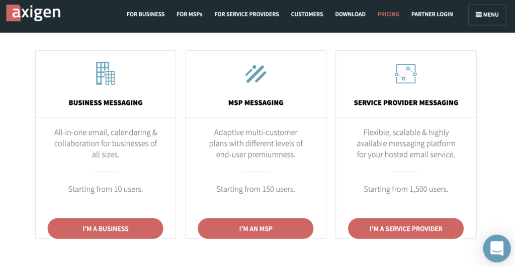 Axigen weboldal tarifacsomagokkal