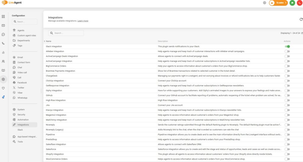 Integrációk aktiválása a LiveAgent-ben