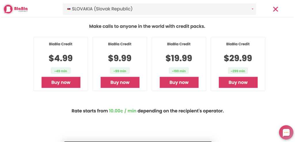 A BlaBla Connect díjcsomagjai megjelenítve a weboldalon
