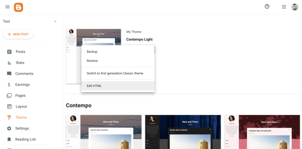 HTML szerkesztés opció a Blogger Téma beállításokban