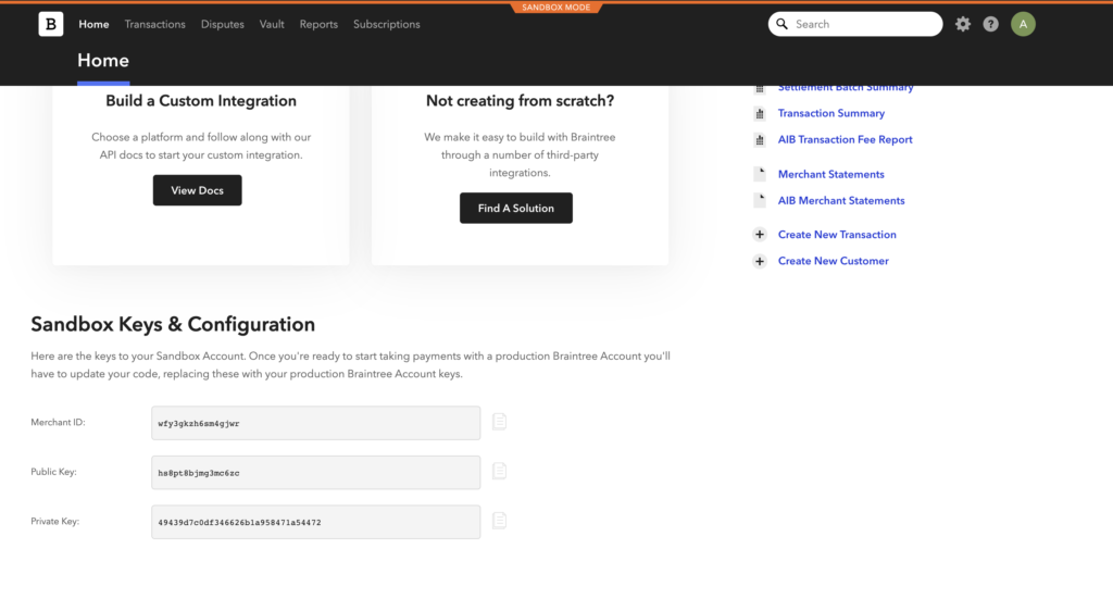Kulcsok és konfiguráció a Braintree-ben