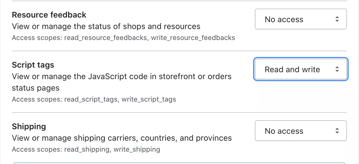 Script Tags engedélyek módosítása Olvasás és írás lehetőségre a Shopify-ban
