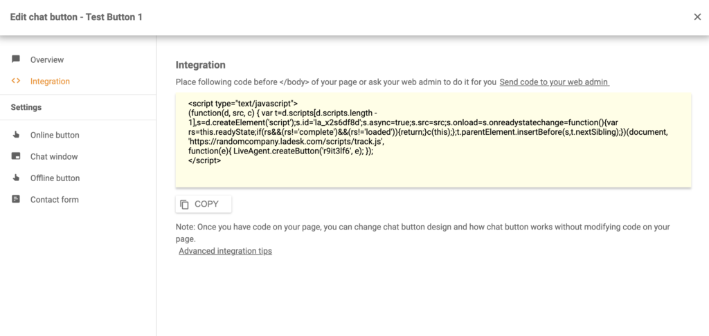 A LiveAgent-ben generált chat gomb kód
